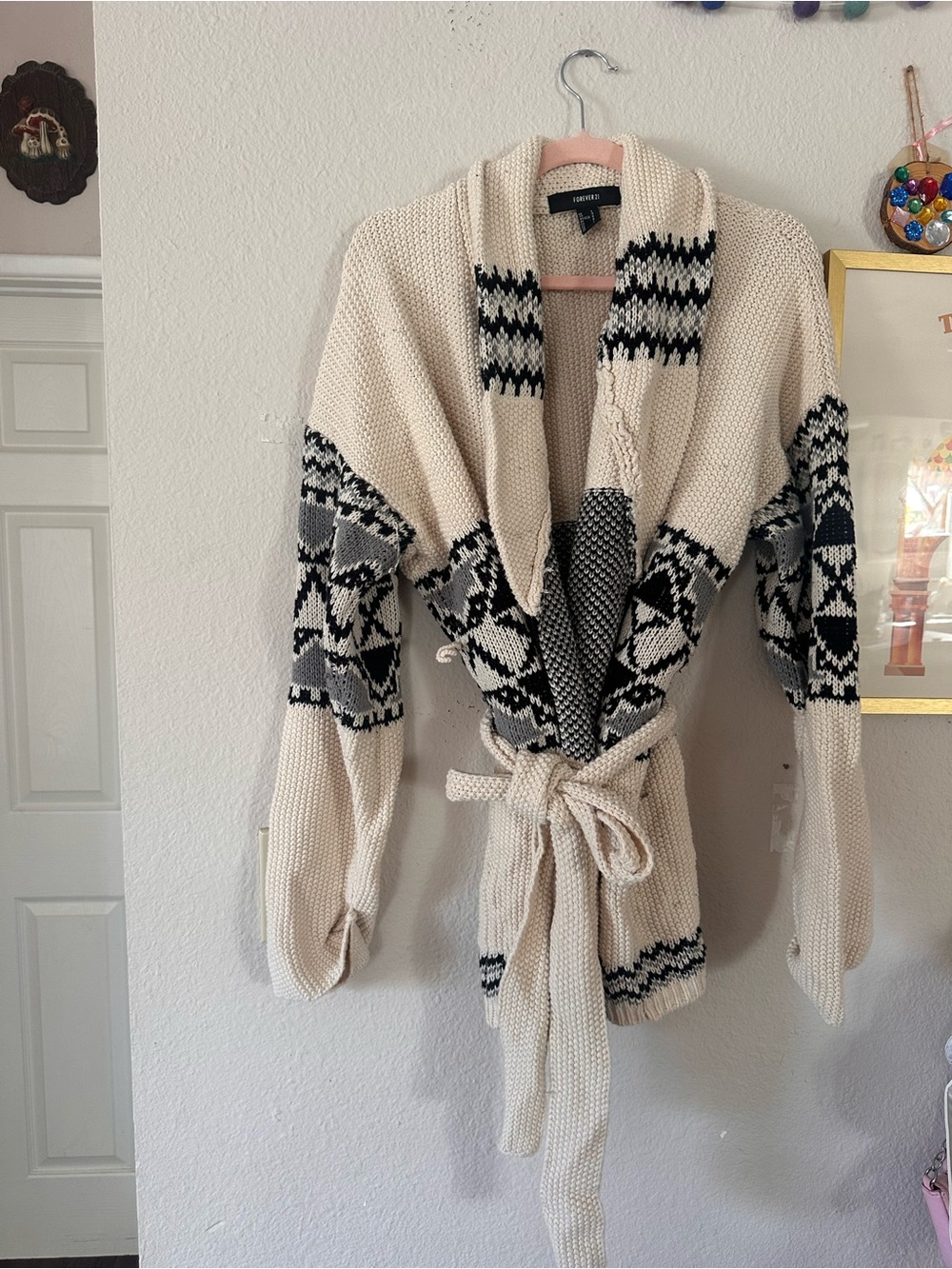 Forever 21 Comfy Fairaisle Wrap Cardigan, L White and Navy